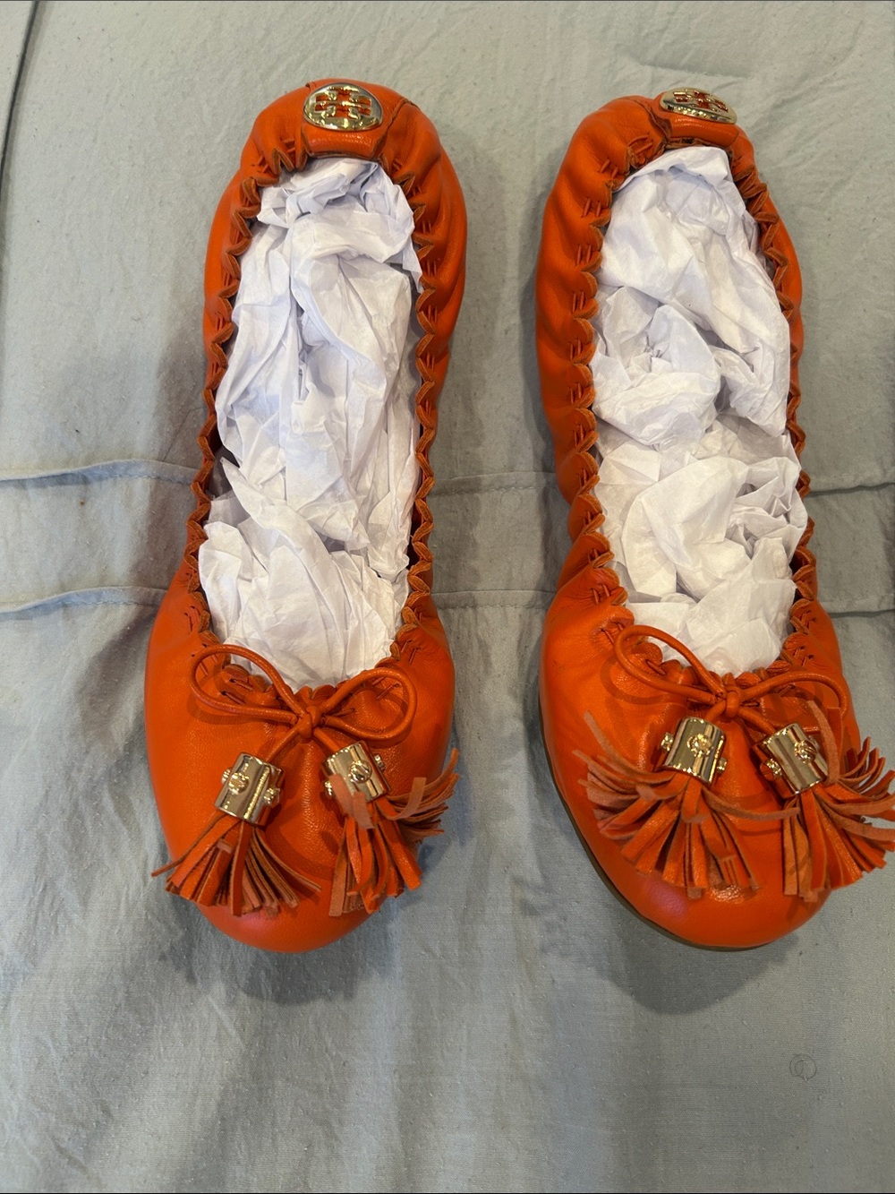 Tory Burch Orange Leather Tassel Ballet Flats